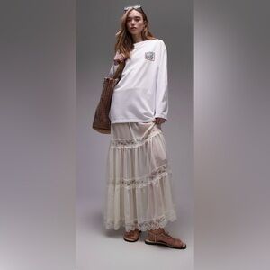 Topshop Sheer Maxi Skirt with Lace Inserts in Ivory
